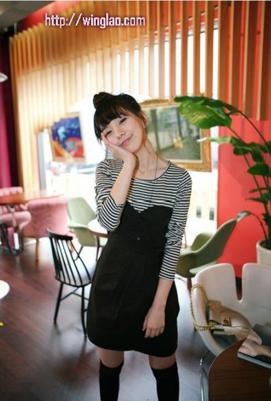 128047#淑女印象；時尚條紋拼接洋裝   