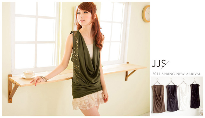 ✿台灣正品✿~ JJ3282 深V垂墜領卯釘裝飾洋裝 5色 