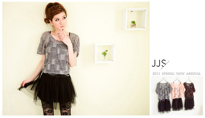 ✿台灣正品✿~ JJ3284 兩件式垂墜上衣+網紗層次背心 3色 