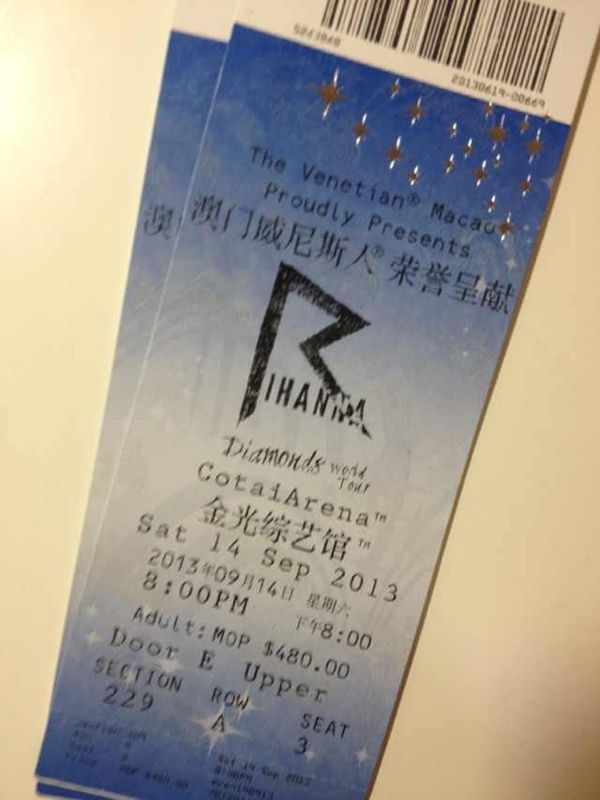 Rihanna Diamond World Tour 威尼斯人9/14場演唱會門票  